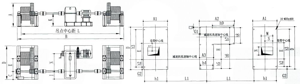 QH單繩三支點(diǎn)系列弧形門卷?yè)P(yáng)式啟閉機(jī)外形及基礎(chǔ)布置示意圖.jpg